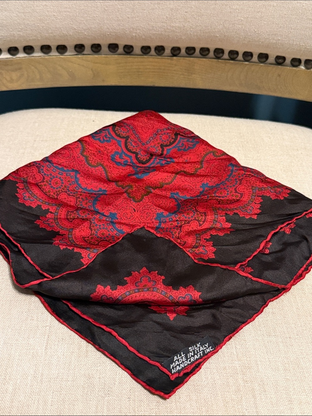 Italian Silk Red and Black Paisley Pocket Handkerchief/Square.
